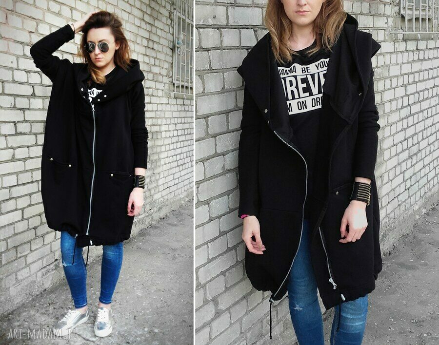 Długa bluza oversize czarna, ogromny kaptur, na suwak M