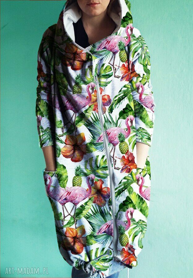 Długa bluza oversize z motywem tropikalnym, ogromny kaptur, flamingi, ananasy xs