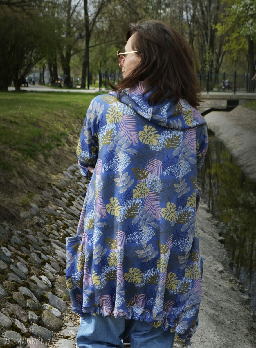 Długa bluza oversize w liście i kwiaty ogromny kaptur, kolorowa XL LATO