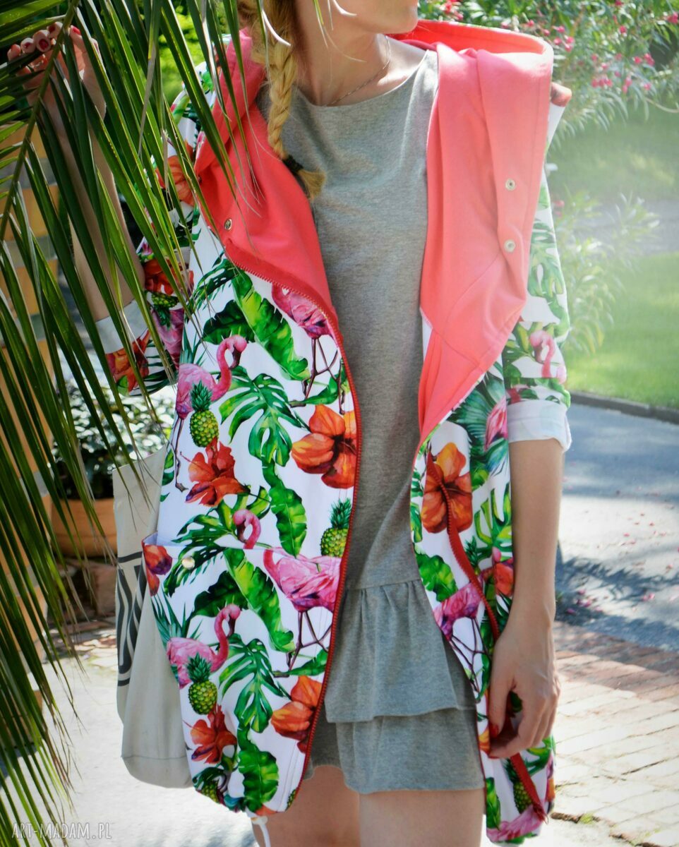 Długa bluza oversize z motywem tropikalnym, ogromny kaptur, flamingi, ananasy XS
