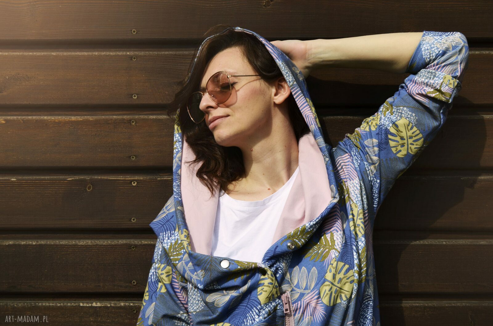 Długa bluza oversize w liście i kwiaty ogromny kaptur, kolorowa XL LATO