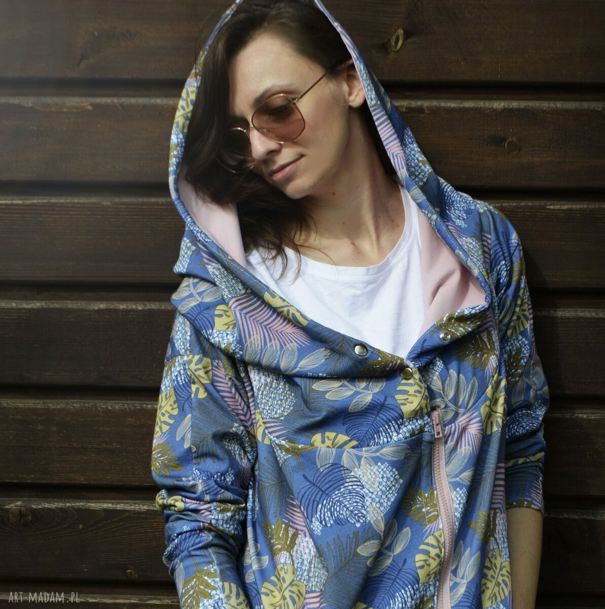 Długa bluza oversize w liście i kwiaty ogromny kaptur, kolorowa XL LATO