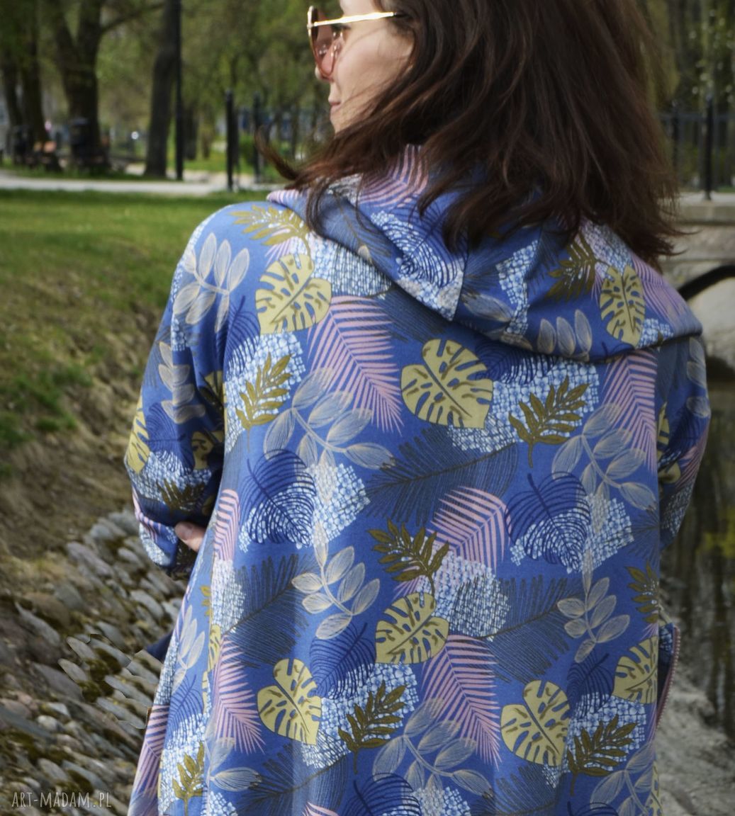 Długa bluza oversize w liście i kwiaty ogromny kaptur, kolorowa L LATO