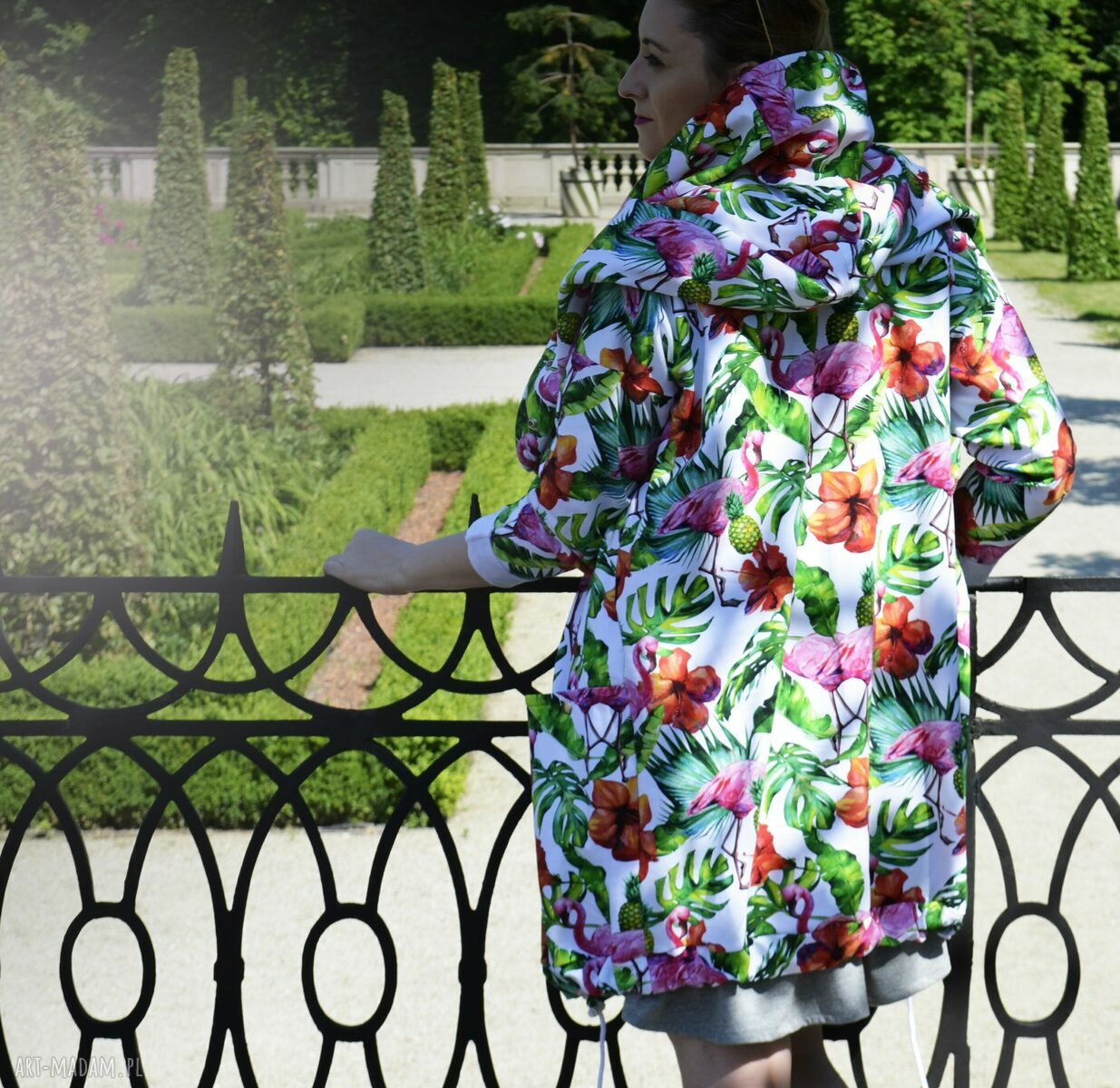 Długa bluza oversize z motywem tropikalnym, ogromny kaptur, flamingi, ananasy xs