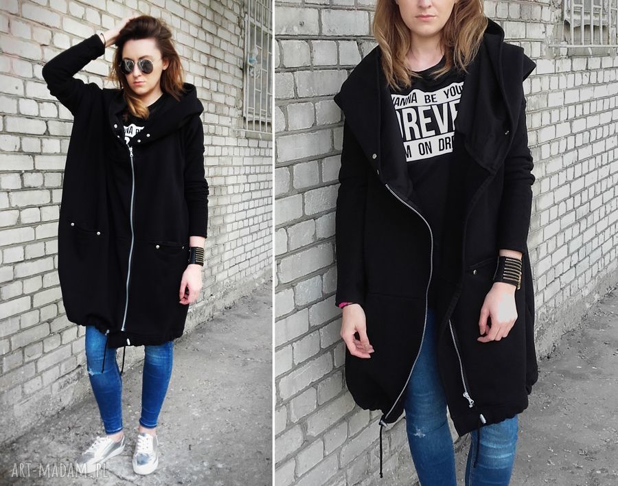 Długa bluza oversize czarna, ogromny kaptur, na suwak
