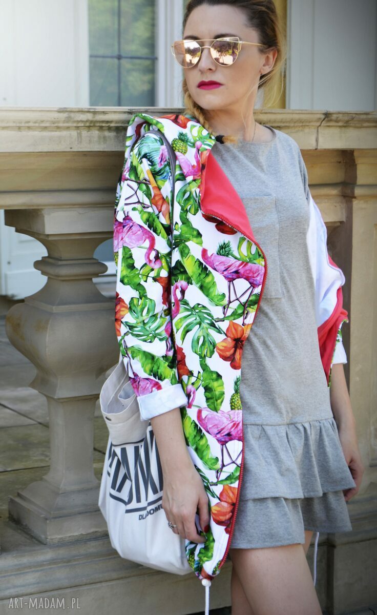 Długa bluza oversize z motywem tropikalnym, ogromny kaptur, flamingi, ananasy xs