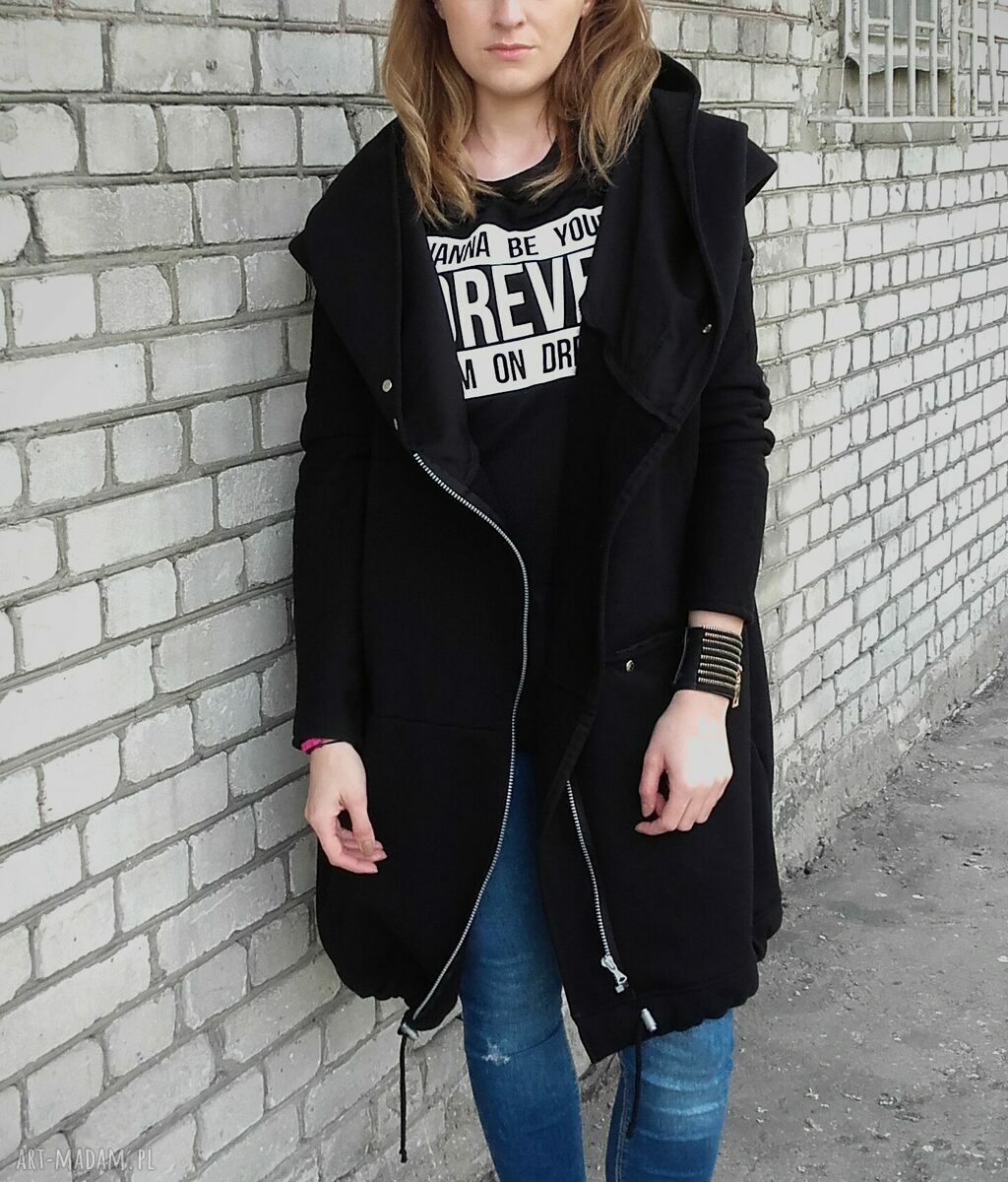 Długa bluza oversize czarna, ogromny kaptur, na suwak M