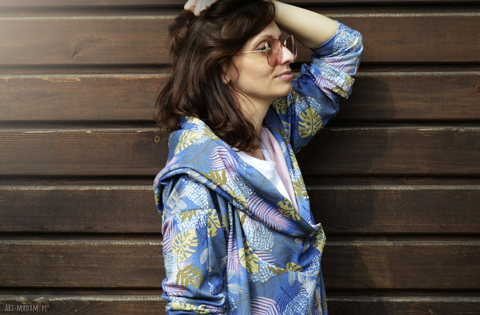 Długa bluza oversize w liscie i kwiaty ogromny kaptur, kolorowa M LATO
