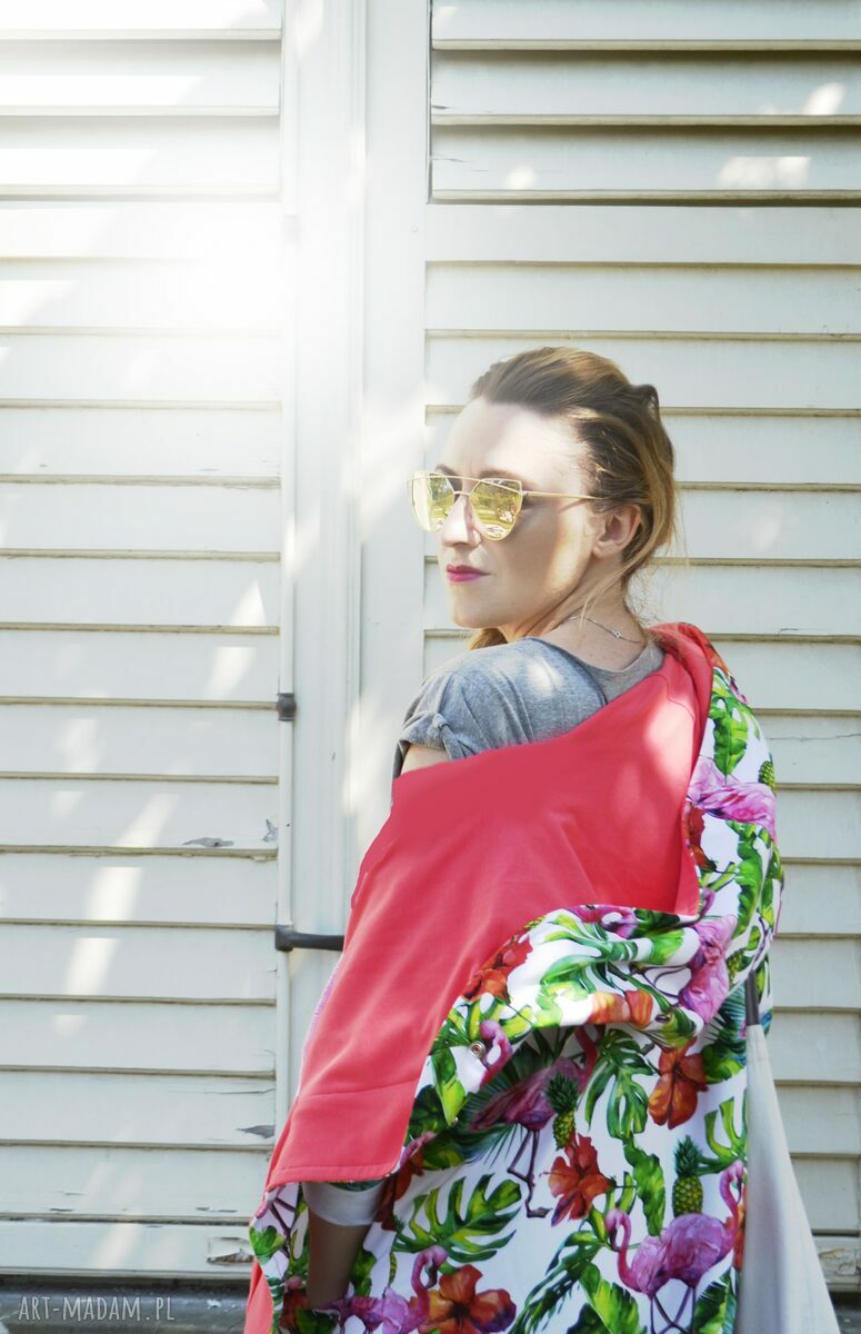 Długa bluza oversize z motywem tropikalnym, ogromny kaptur, flamingi, ananasy XS