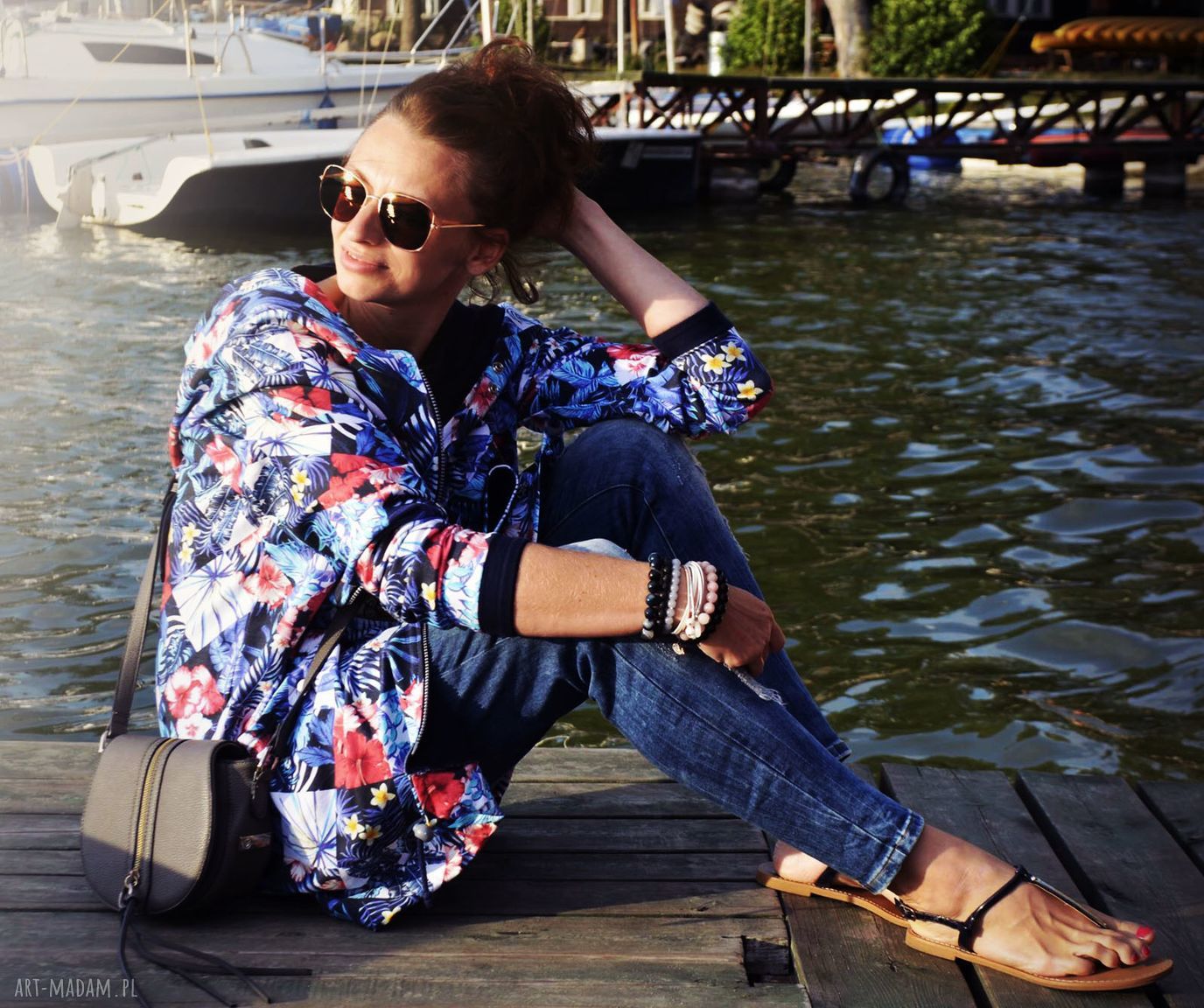 Długa bluza oversize z kapturem - tropikalny print