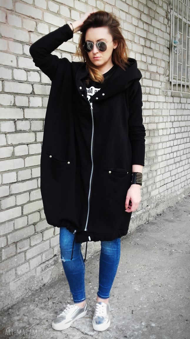 Długa bluza oversize czarna, ogromny kaptur, na suwak