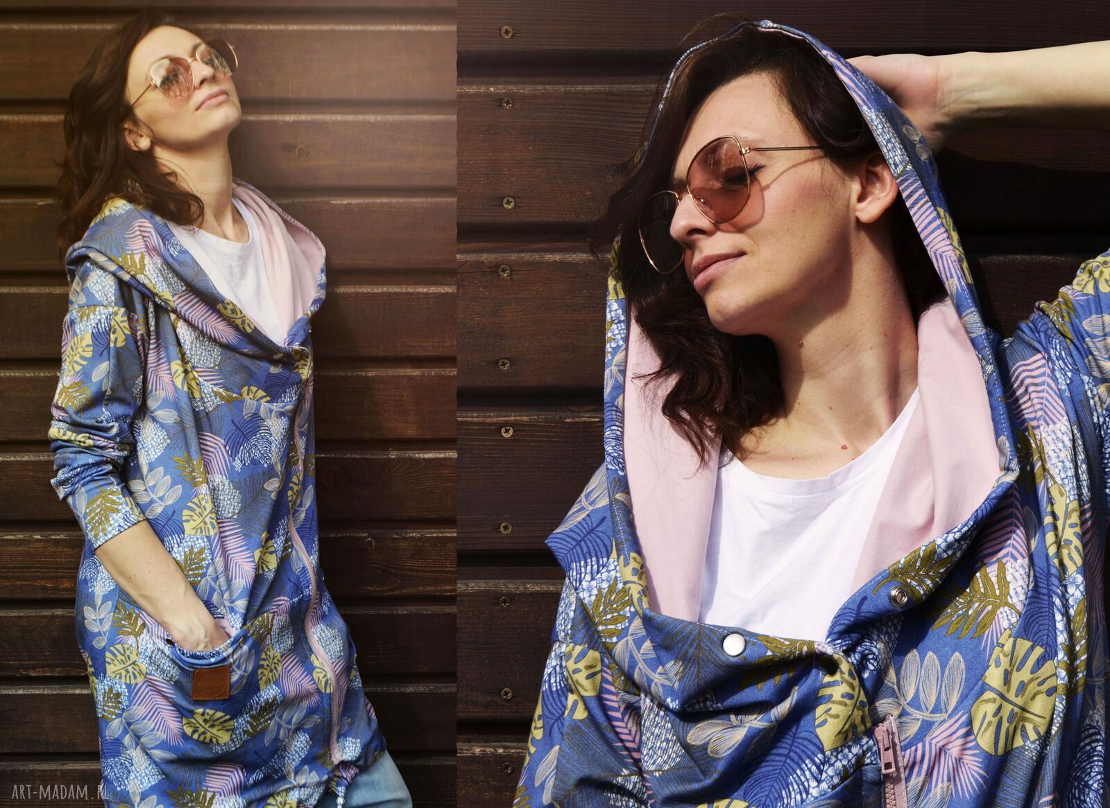 Długa bluza oversize w liście i kwiaty ogromny kaptur, kolorowa XL LATO
