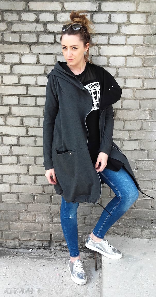 Długa bluza oversize grafitowa, szara, ogromny kaptur