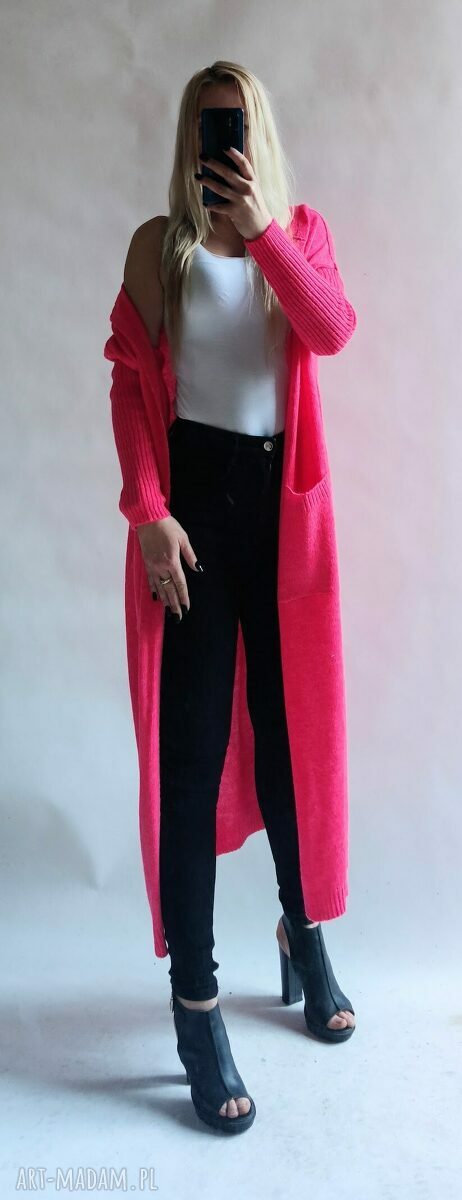 Kardigan - długi sweter z kieszeniami róż neon oversize (handmade)