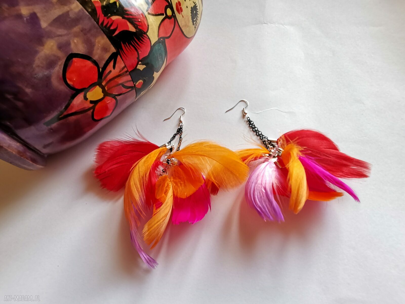 Kolczyki długie pióra - bardzo lekkie boho folk etno Frida