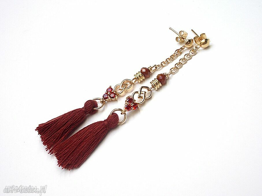 Boho kolczyki jarzębinki z chwostami, cyrkoniami i kryształkami 8 cm (handmade)
