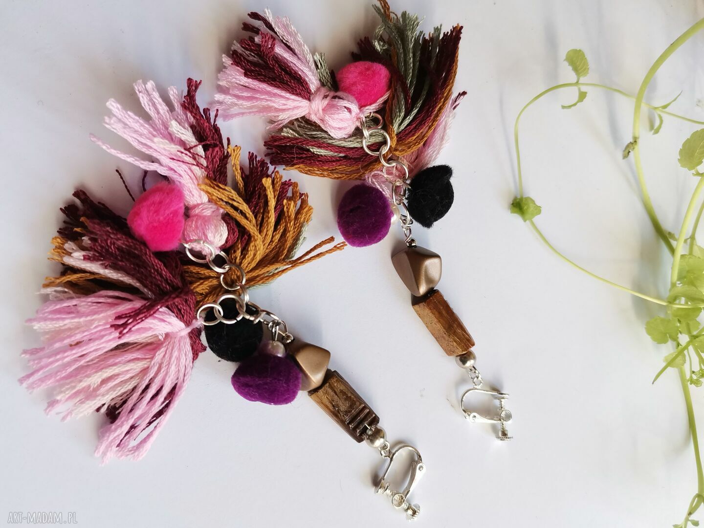 Długie klipsy z chwostami Boho i Folk - żółte, lekkie