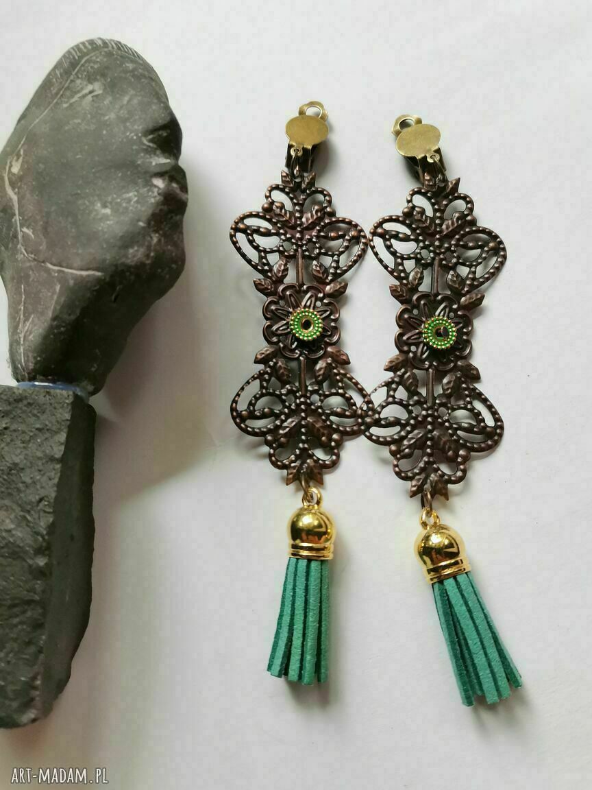 Klipsy długie chwosty ażurowe box - boho etno w brązie i turkusie (handmade)