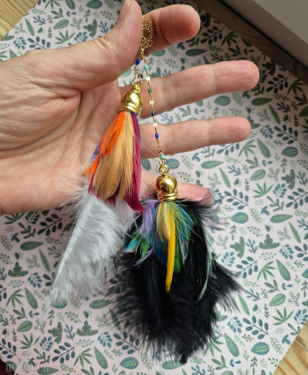 Kolczyki długie pióra kolorowe - lekkie i boho