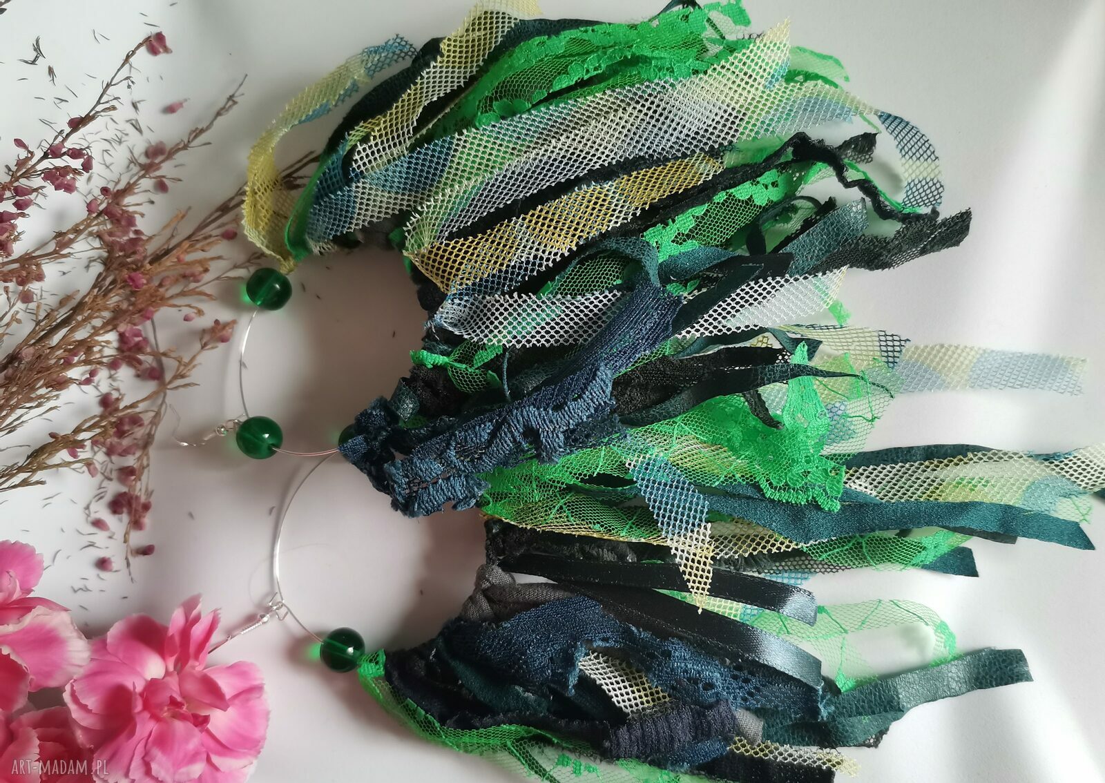 Kolczyki boho Frida - długie pióra w zieleni i turkusie