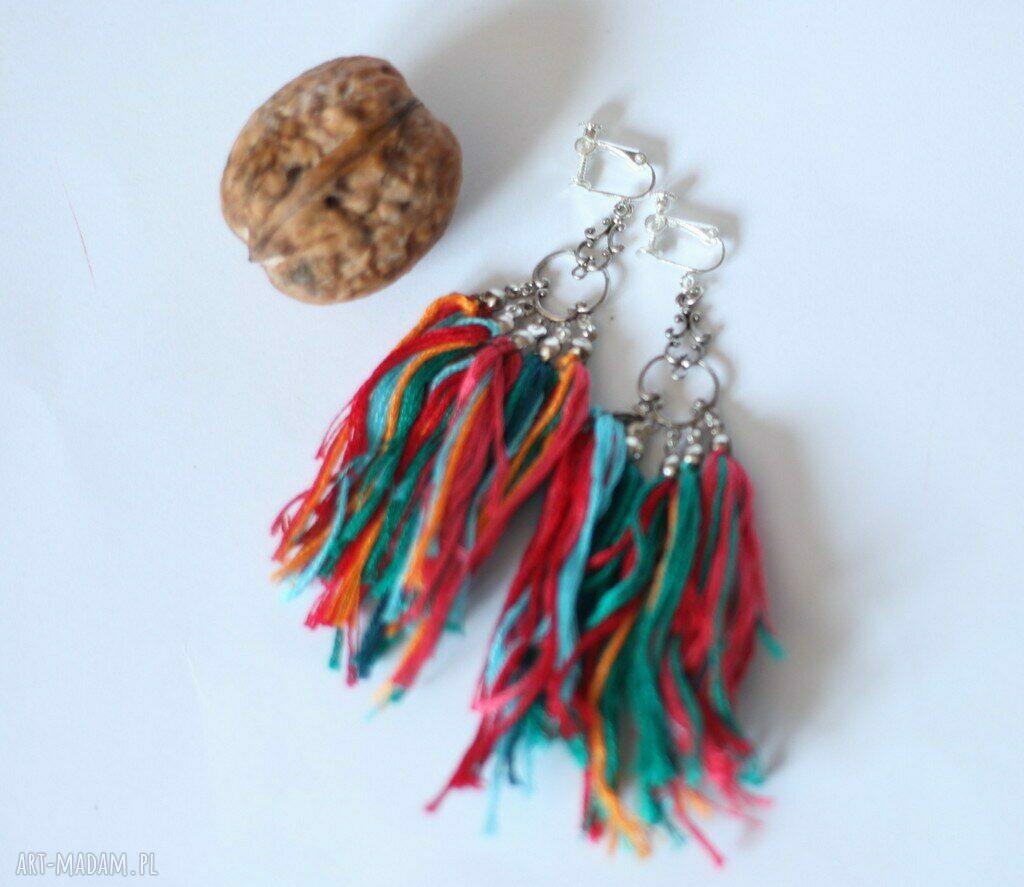 Klipsy długie wiszące etniczne handmade - boho chwosty Ruda Klara
