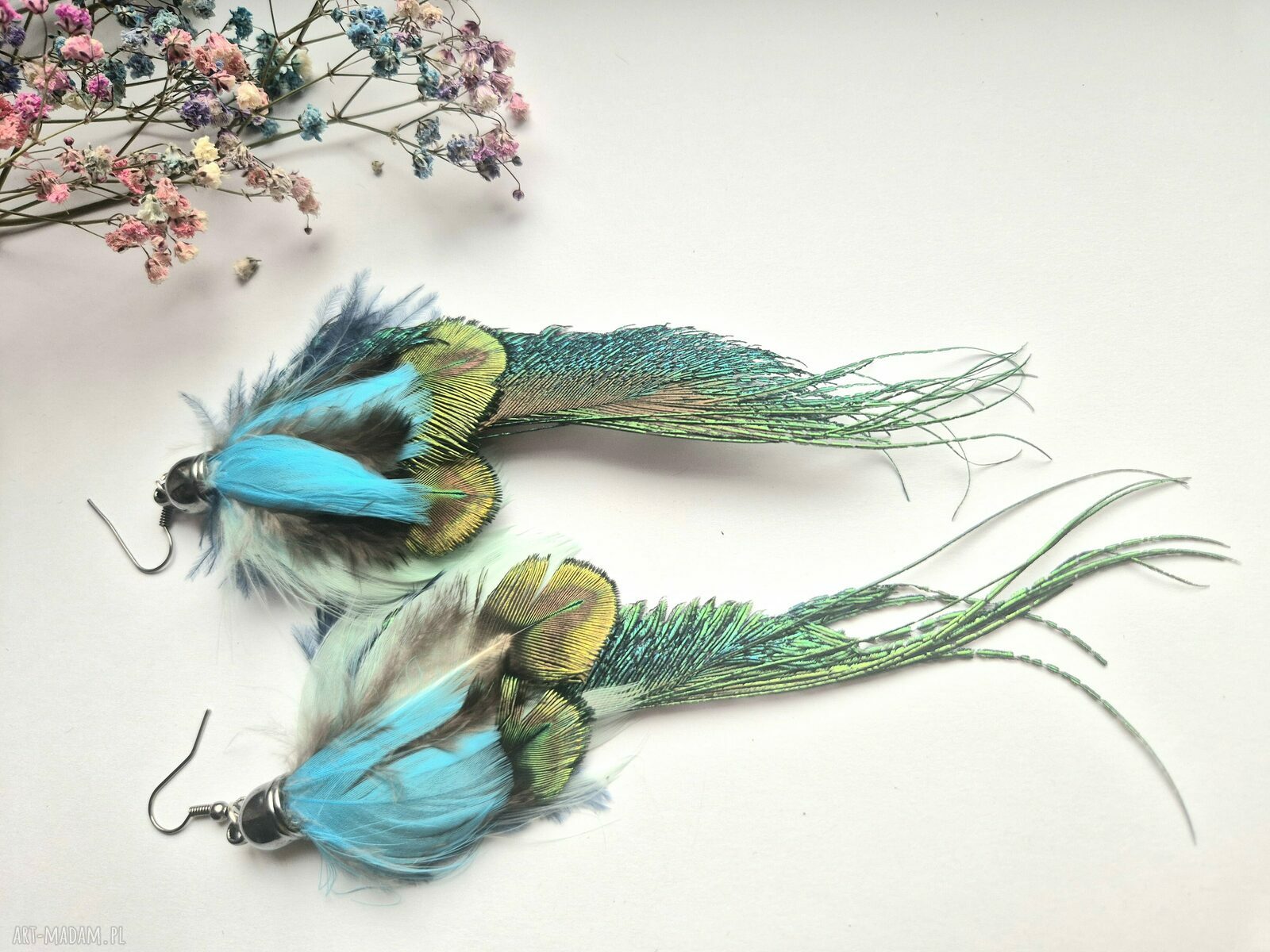 Długie, leciutkie kolczyki z piórami boho - folk etno (handmade)
