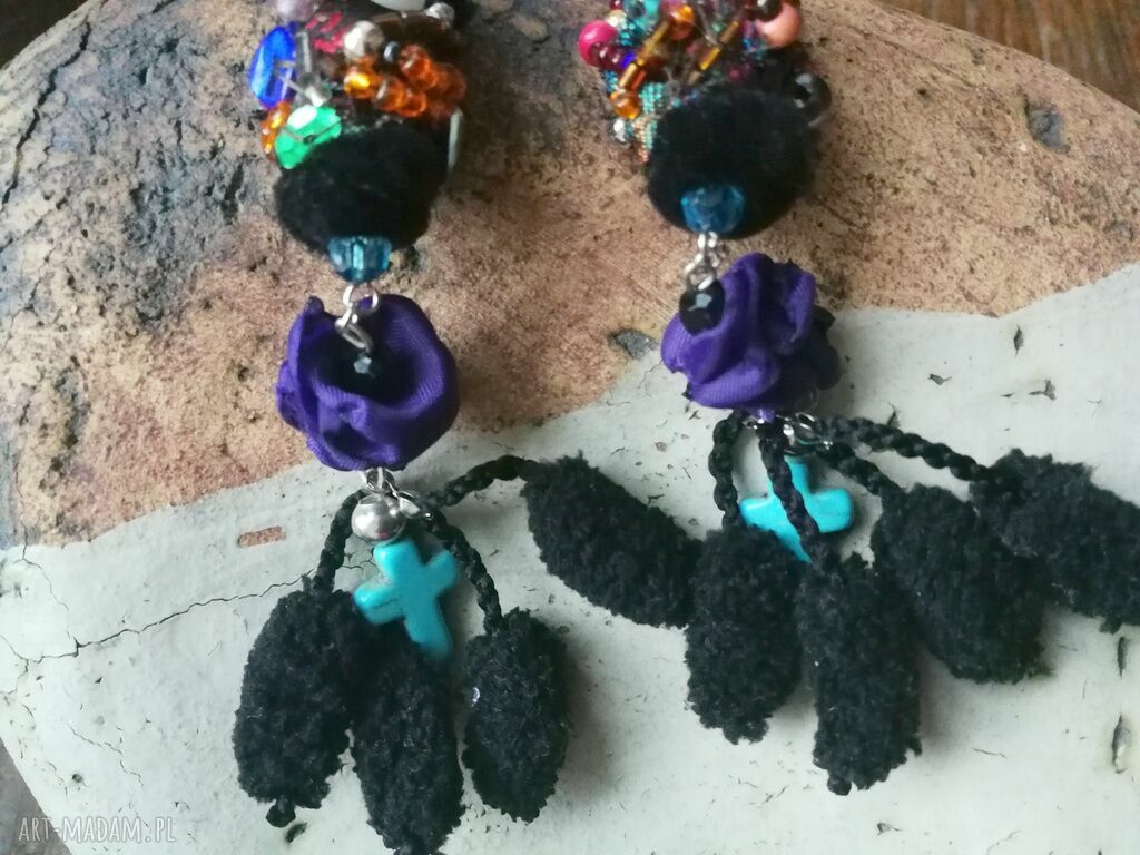 Klipsy długie boho w turkusie - wiszące, ręcznie robione (13 cm)