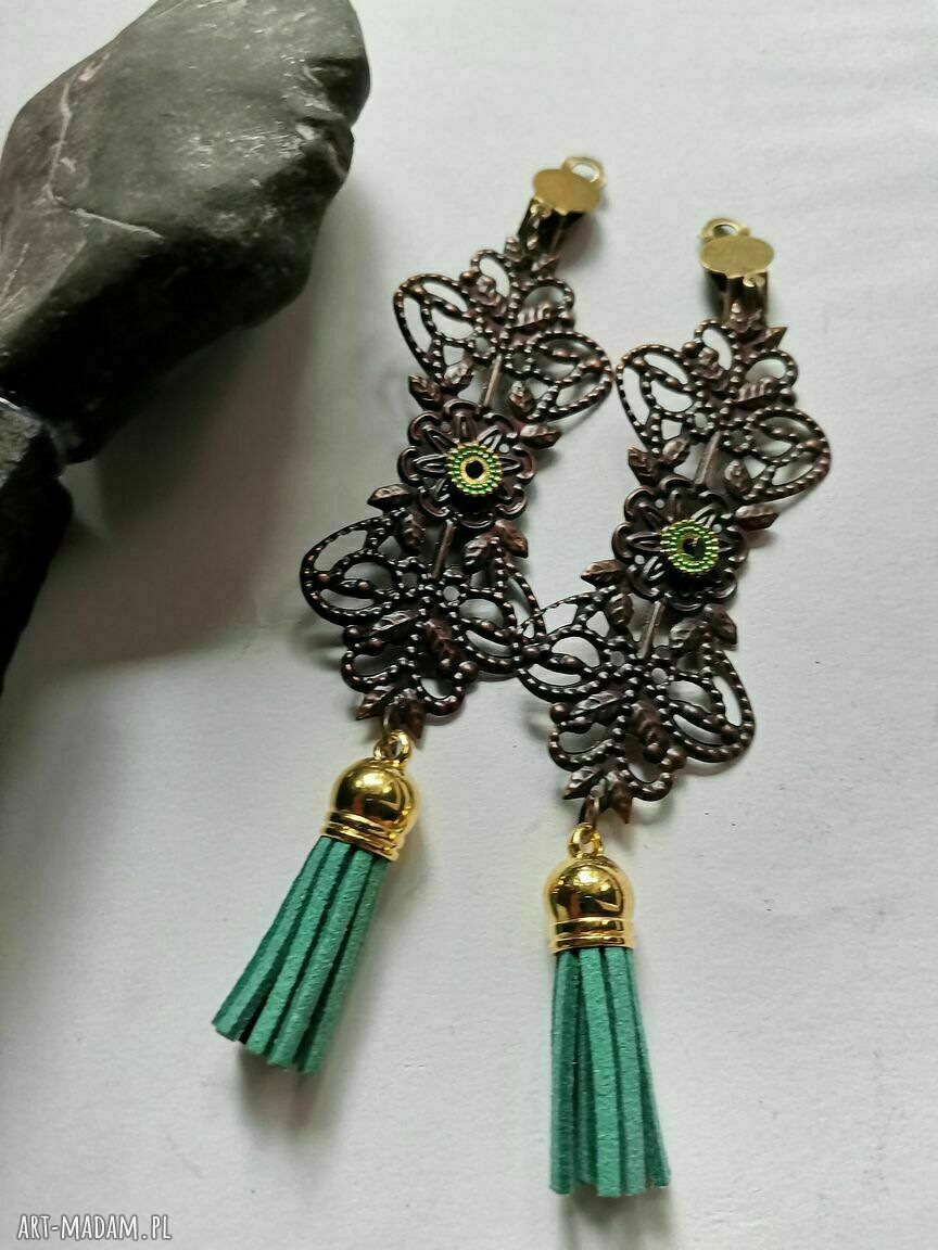 Klipsy długie chwosty ażurowe box - boho etno w brązie i turkusie (handmade)