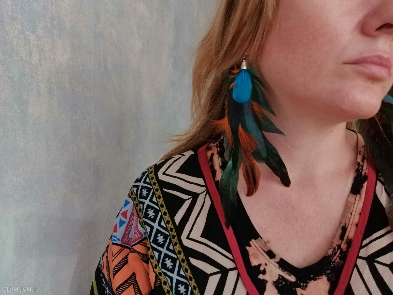 Kolczyki długie bujne pióra folk - etno - lekkie frędzle oversize