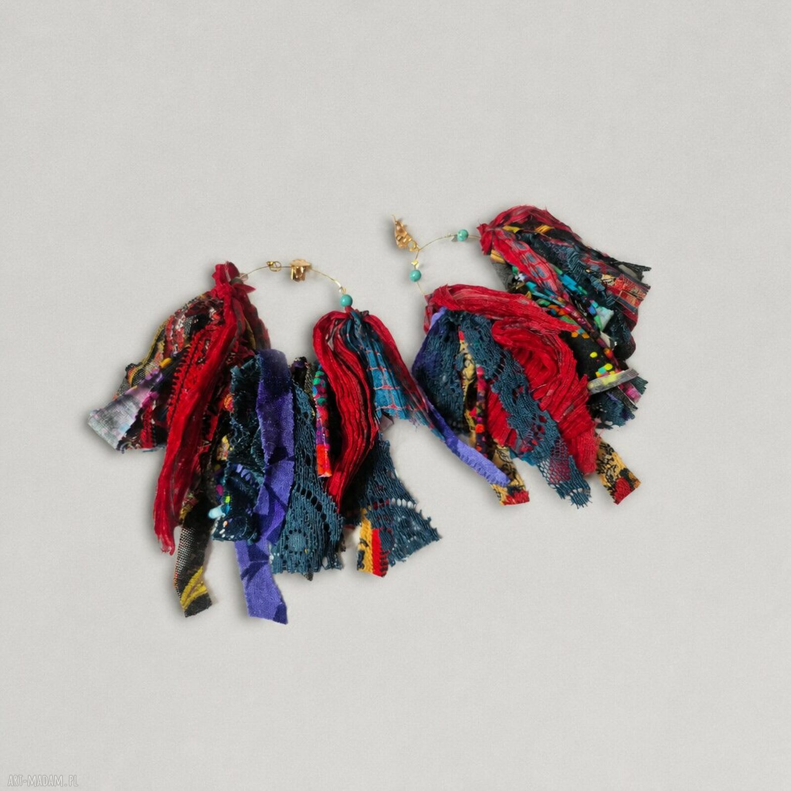 Długie klipsy koła materiałowe boho z żółtymi chwostami - handmade