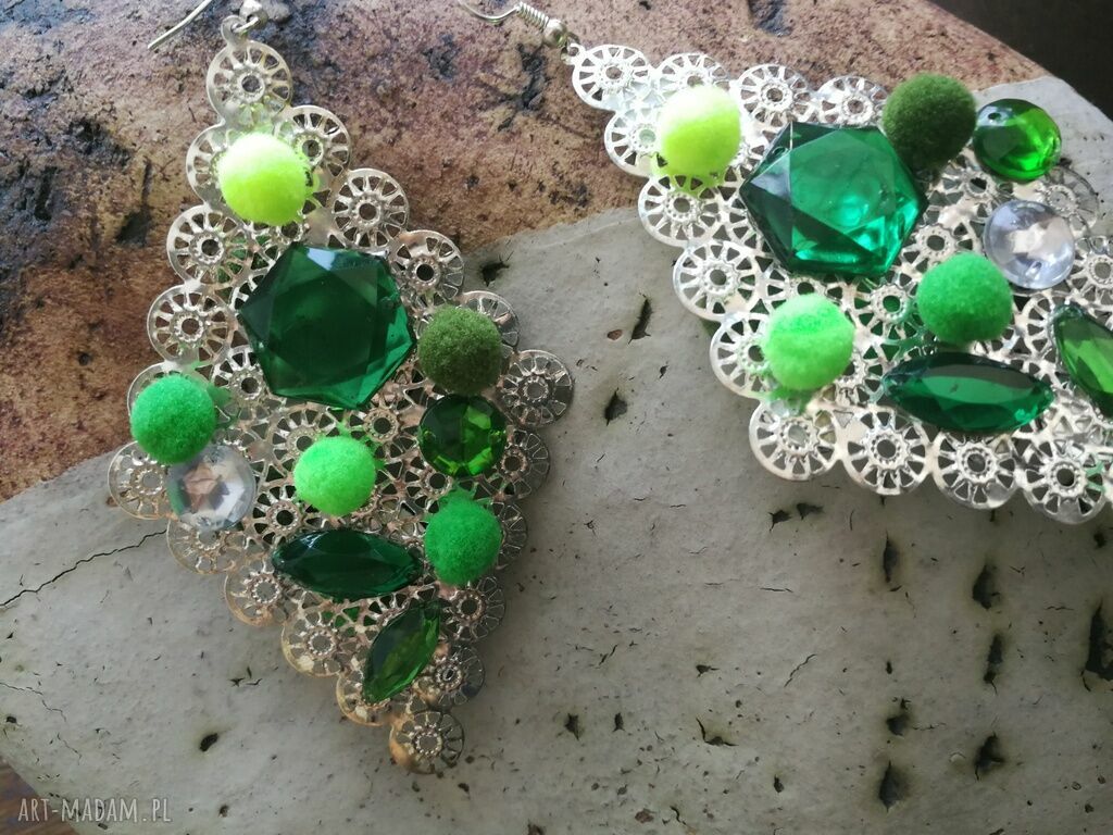Kolczyki długie Boho Etno zielono-srebrne - 10 cm