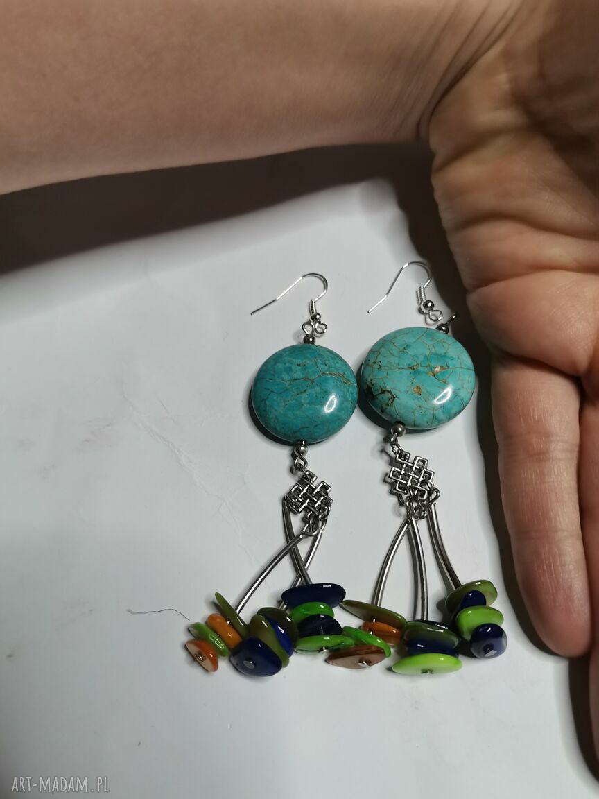 Kolczyki długie boho etno turkusowe - kolorowe frędzle Ruda Klara