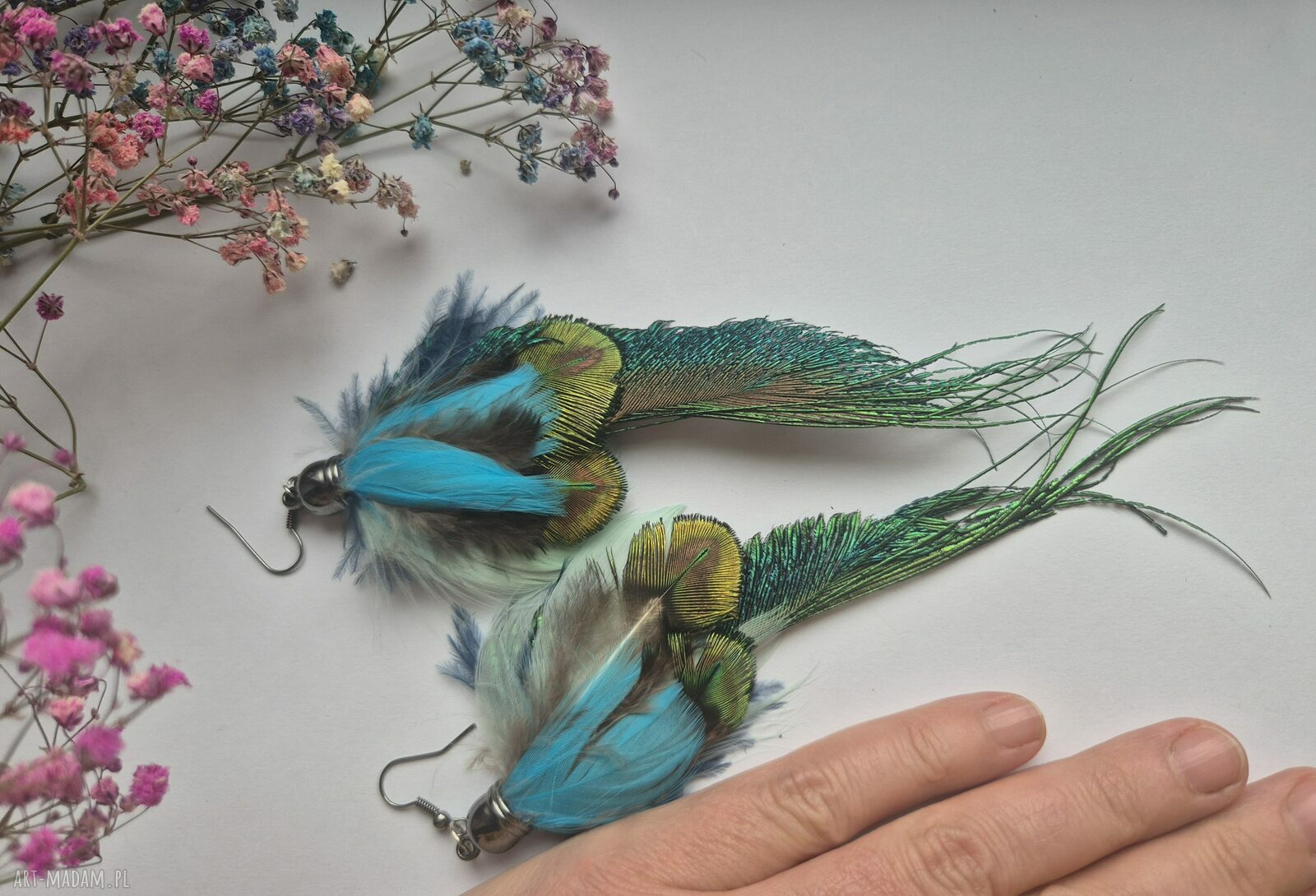 Długie, leciutkie kolczyki z piórami boho - folk etno (handmade)