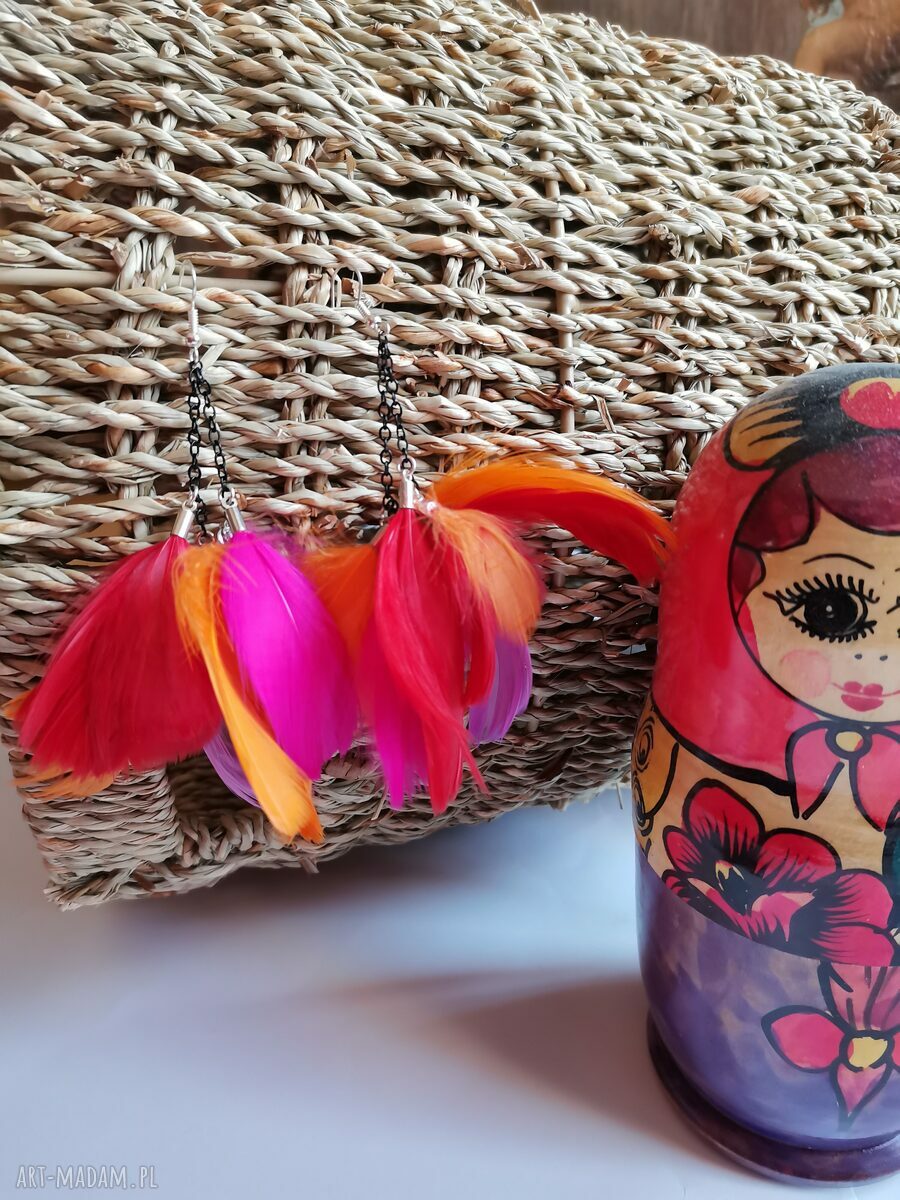 Kolczyki długie pióra - bardzo lekkie boho folk etno Frida
