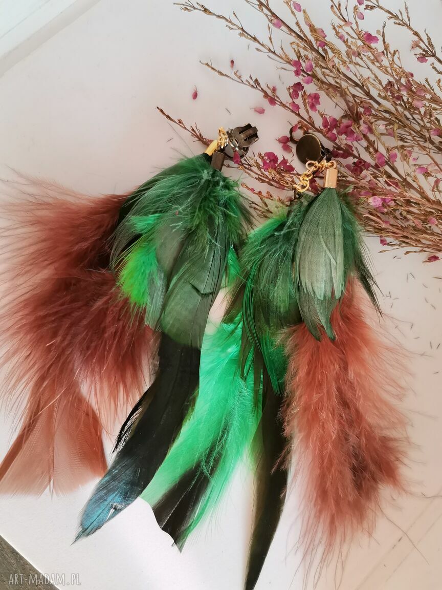 Długie klipsy etno z piórami boho Frida - zielono-brązowe
