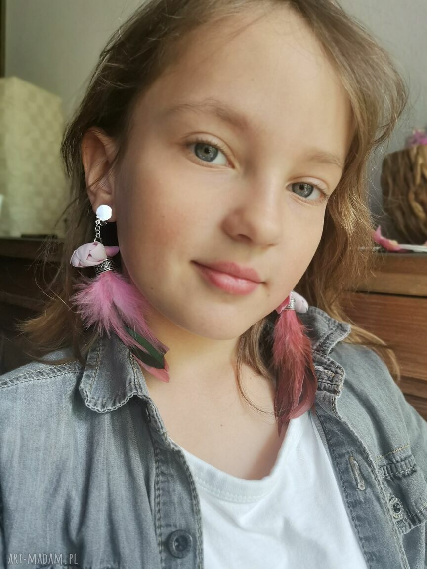 Klipsy długie boho pióra Frida Folk Etno - ręcznie robione na klipsach