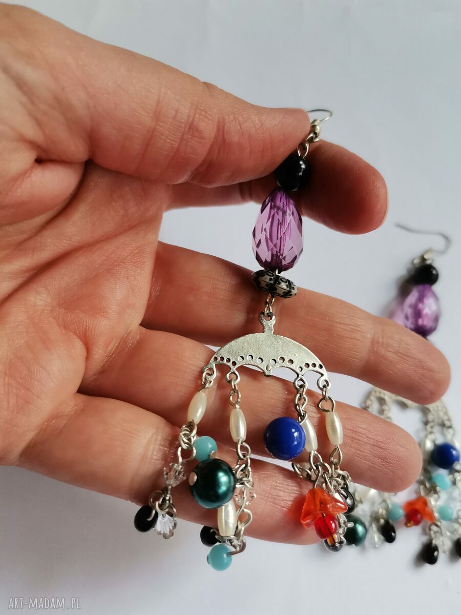 Kolczyki długie kolorowe hipi boho - frędzle Ruda Klara Box z1