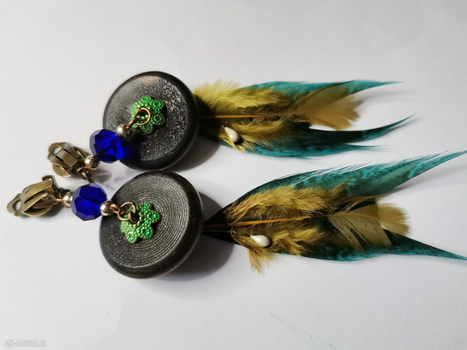 Klipsy Frida Folk Boho: długie pióra i drewno (Box x1)