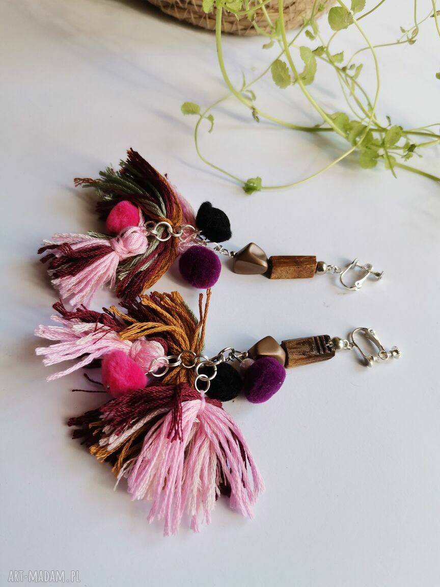 Długie klipsy z chwostami Boho i Folk - żółte, lekkie