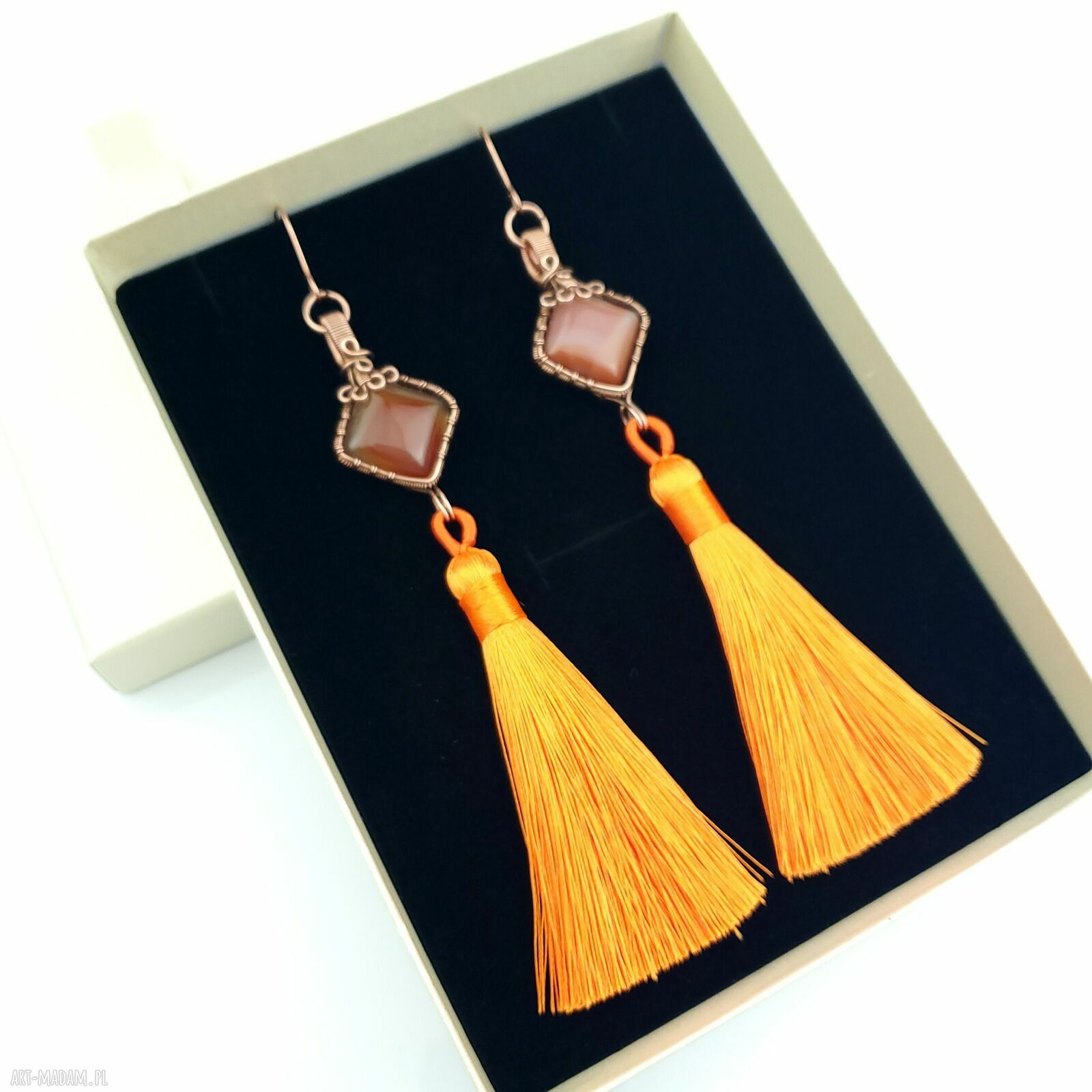 Długie kolczyki z karneolem i chwostem - miedziane wire wrapping