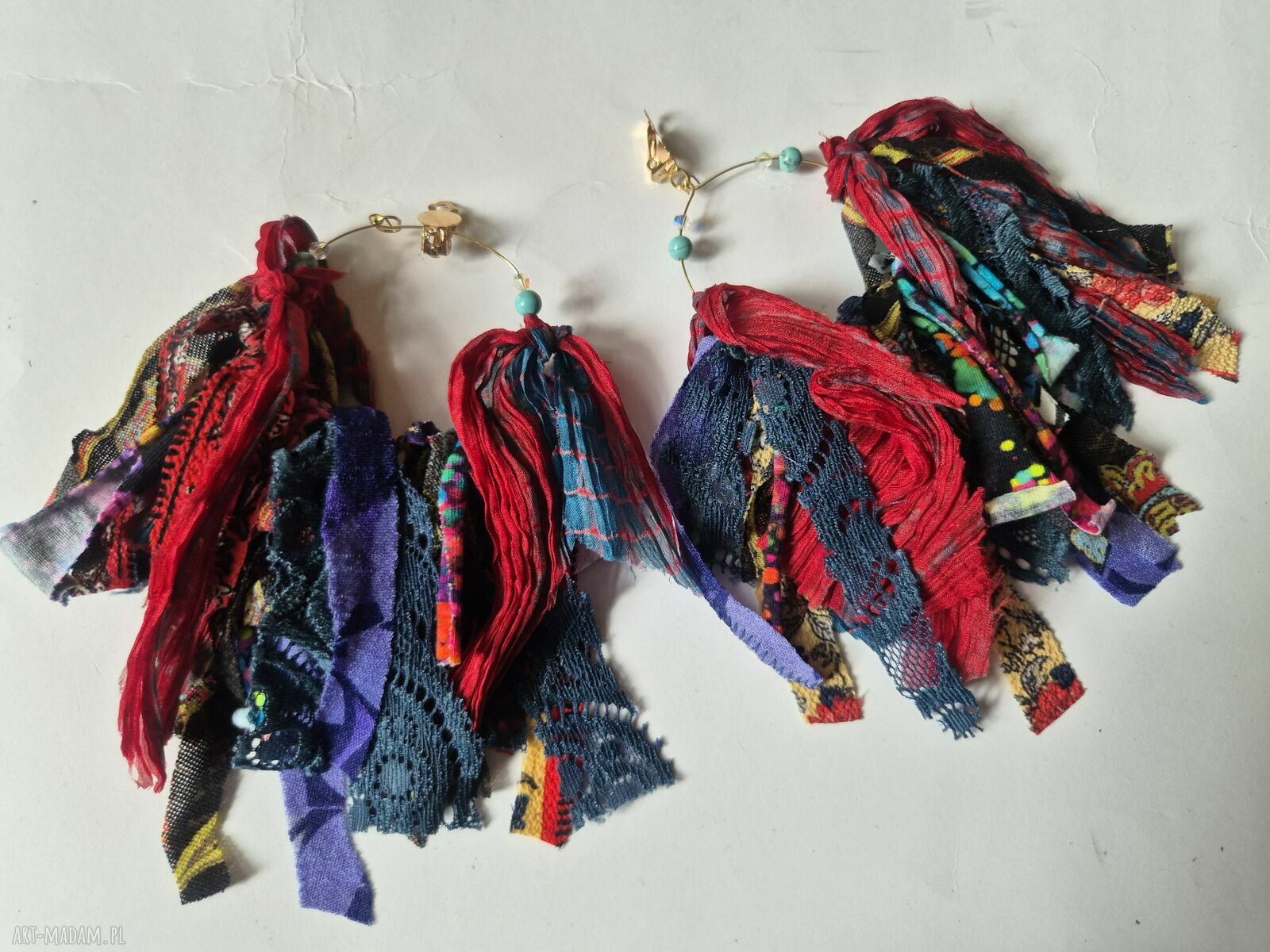 Długie klipsy koła materiałowe boho z żółtymi chwostami - handmade