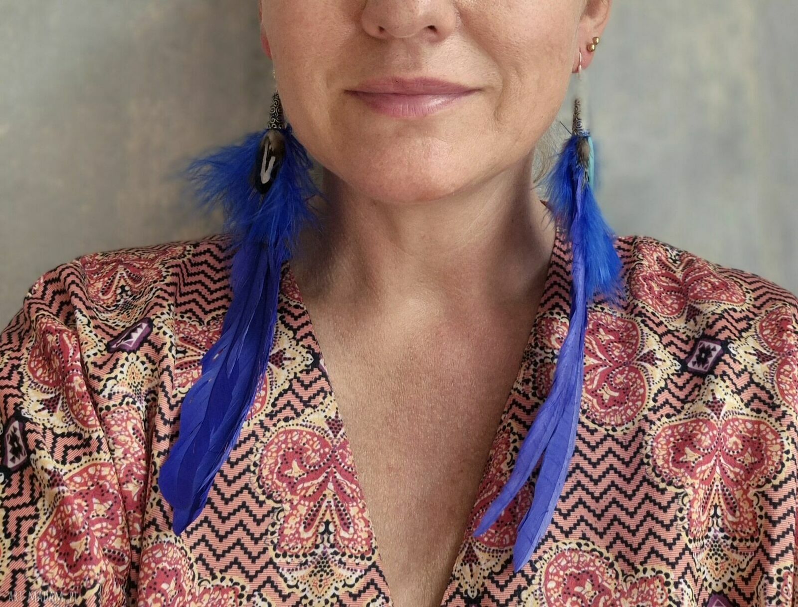 Chabrowe, długie pióra - lekkie kolczyki boho ręcznie robione