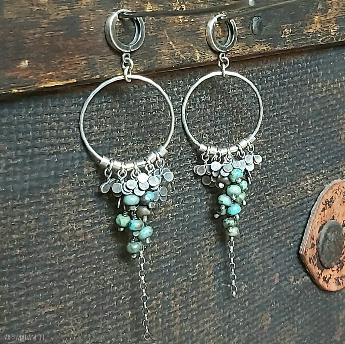 Długie kolczyki koła ze srebra z turkusem afrykańskim hand made