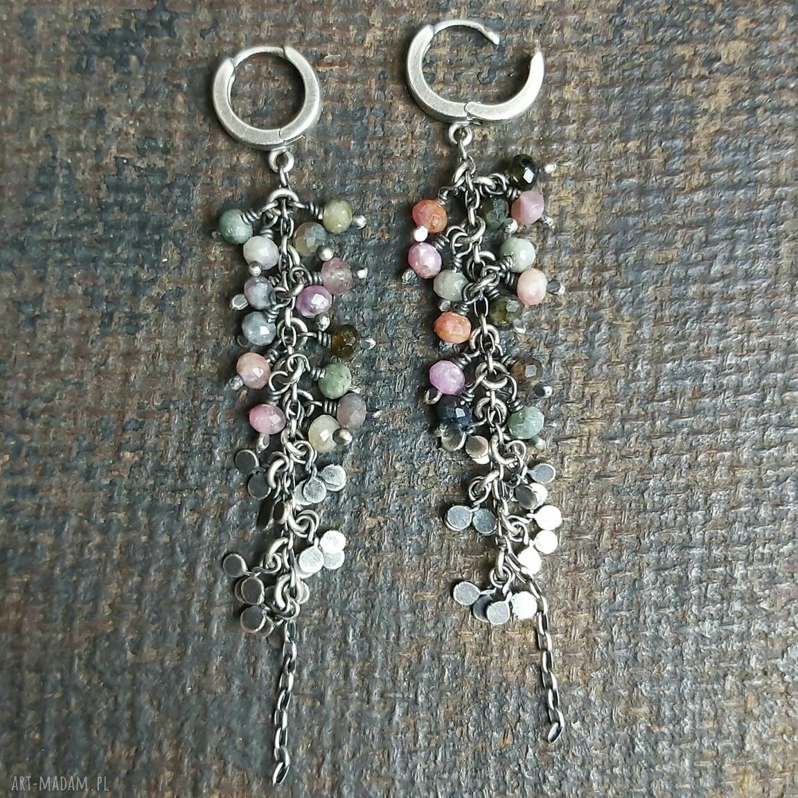 Długie kolczyki srebrne listki z turmalinami Handmade