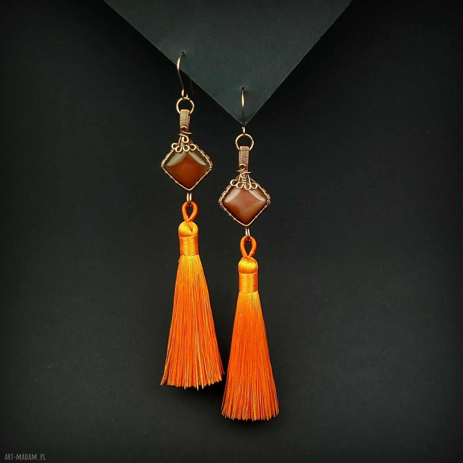 Długie kolczyki z karneolem i chwostem - miedziane wire wrapping