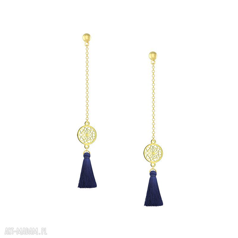 DŁugie kolczyki rozetą chwostem granat boho granatowy chwost