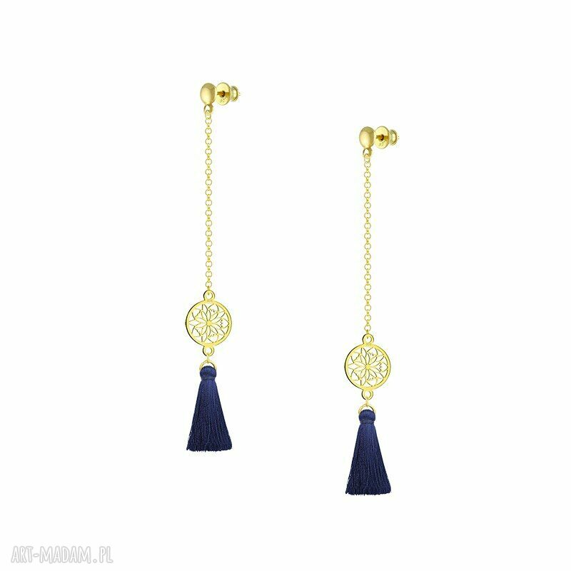 kolczyki: DŁUGIE KOLCZYKI z rozetą i chwostem granat BOHO Ręcznie robione