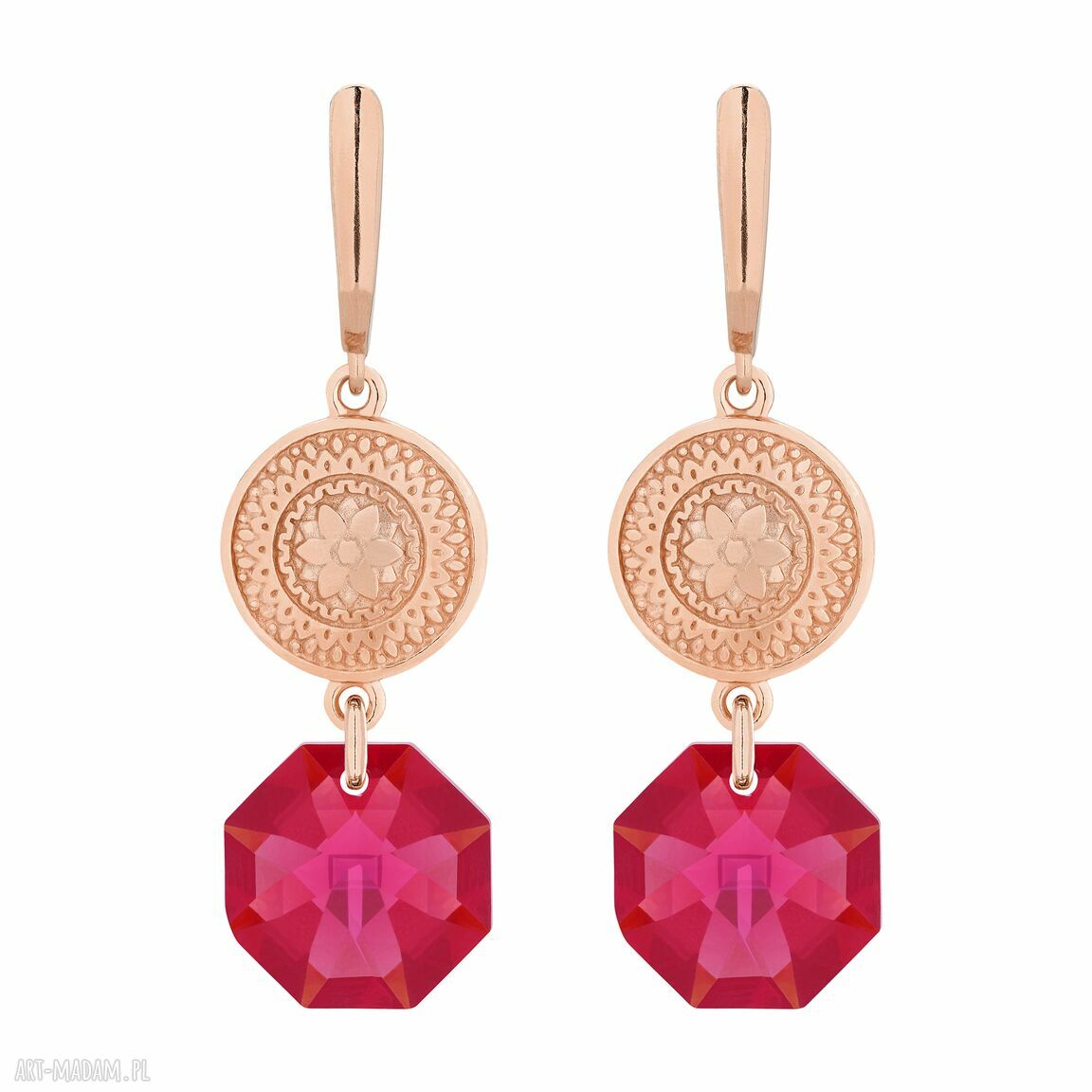Długie kolczyki różowego złota medalionami kryształami swarovski®