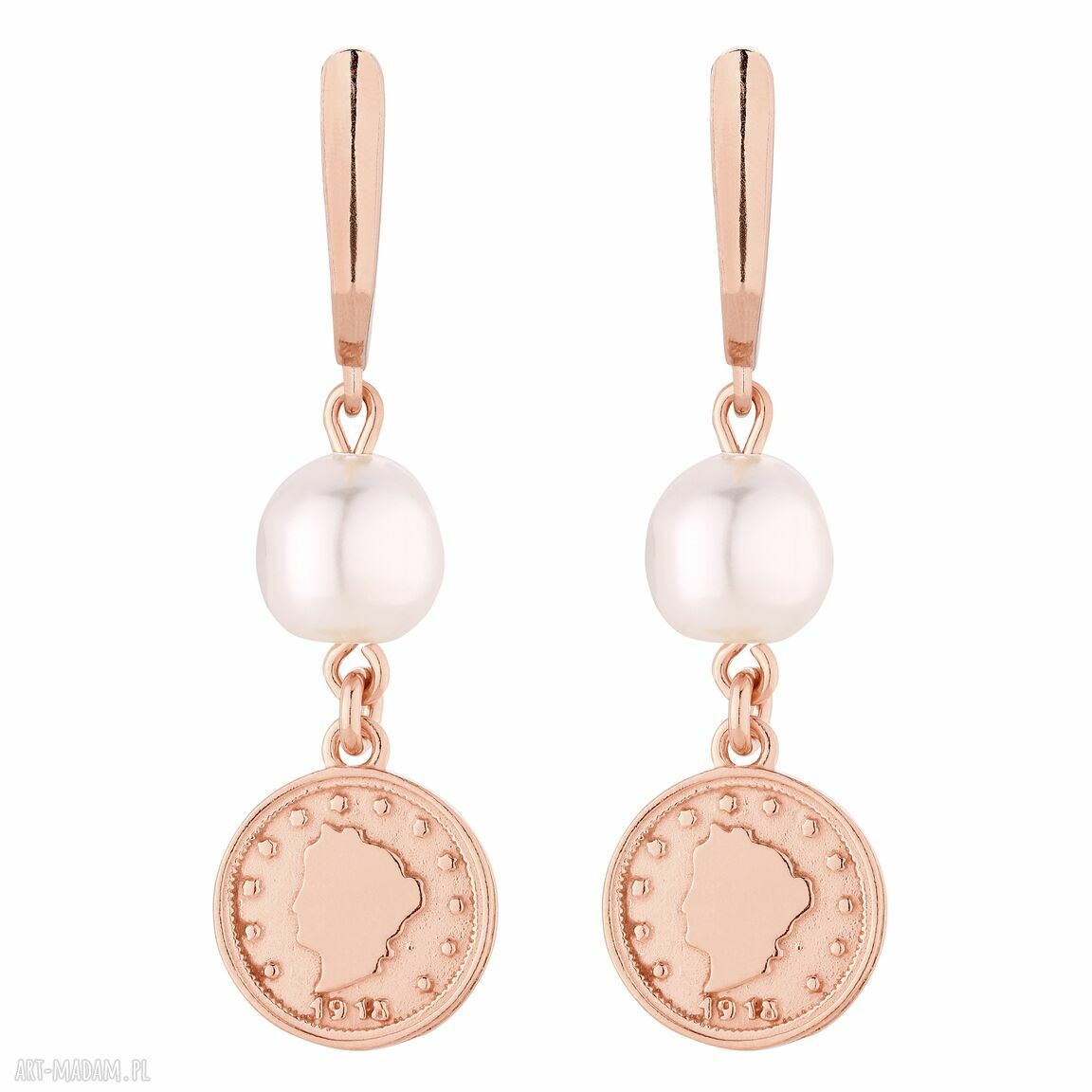 Długie kolczyki z różowego złota z monetami i perłami SWAROVSKI CRYSTAL - srebro 925