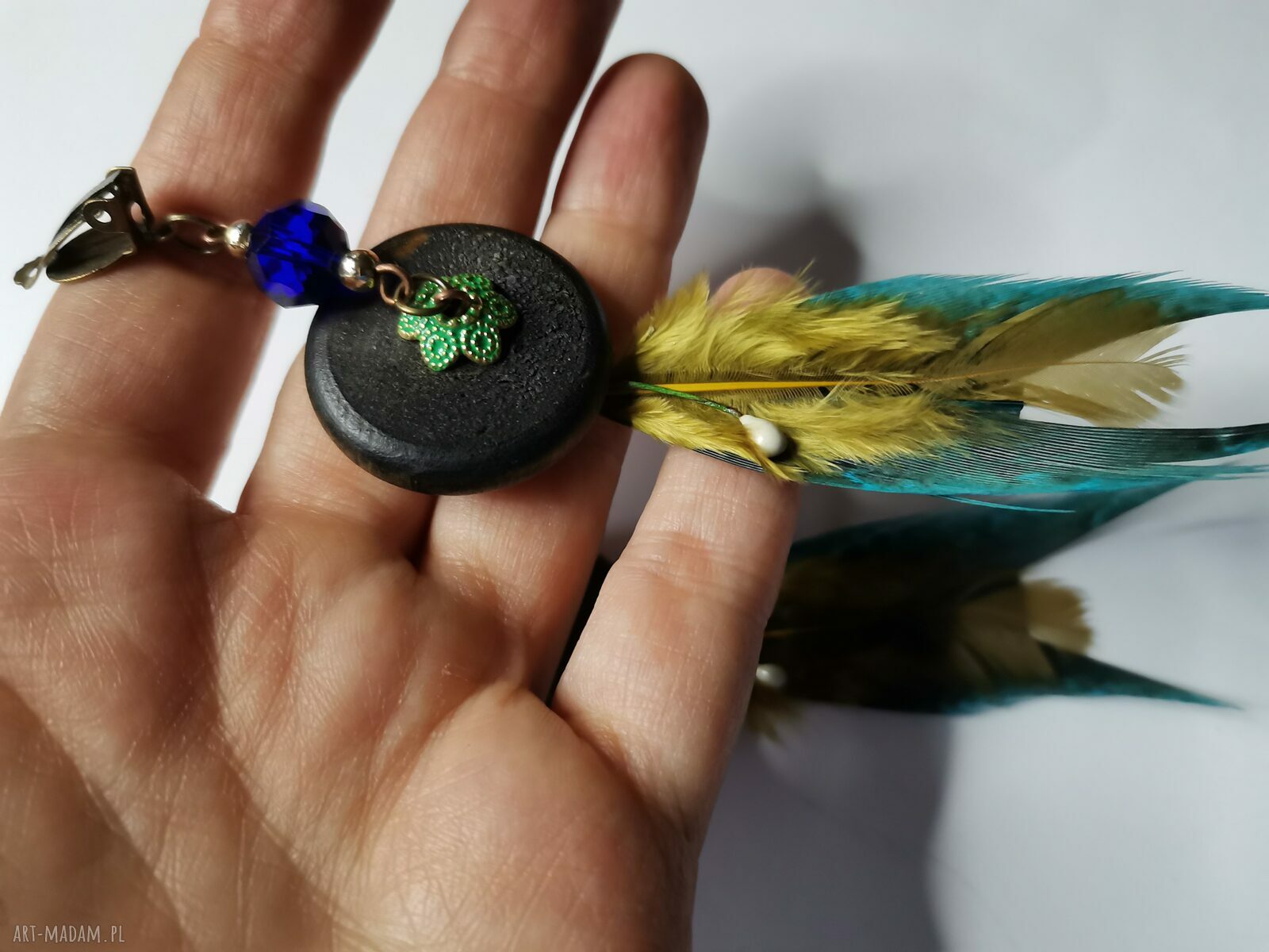 Klipsy Frida Folk Boho: długie pióra i drewno (Box x1)